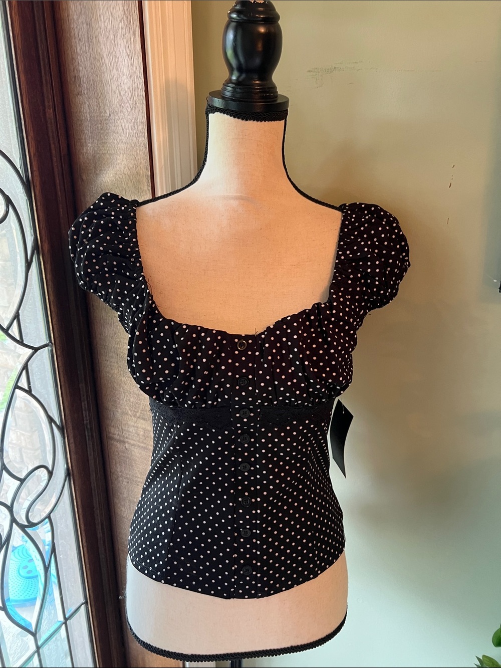 Polka Dot Puff Sleeve Square Neck Top - Black/White